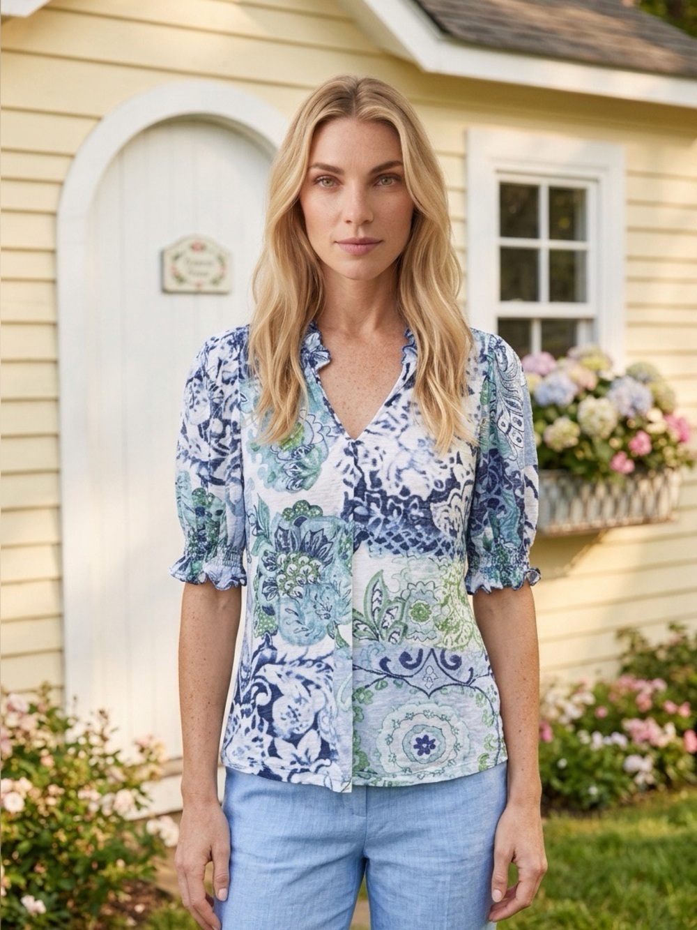 David Cline Floral Patchwork V-Neck Top - Blue & Green